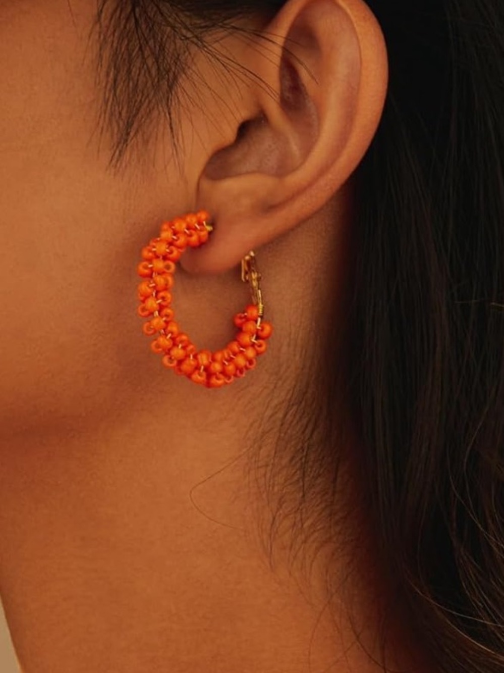 Anthropologie Bright Orange Beaded Hoop Earrings - Picture 3 of 4
